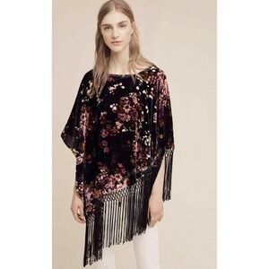 Saachi Anthropologie Womens Floral Velvet Fringe Poncho Top Boho Asymmetrical OS
